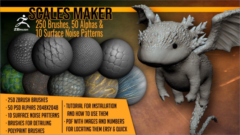 ArtStation Marketplace Scales Maker 250 ZBrush Brushes 50 Alphas and 10 Surface Patterns